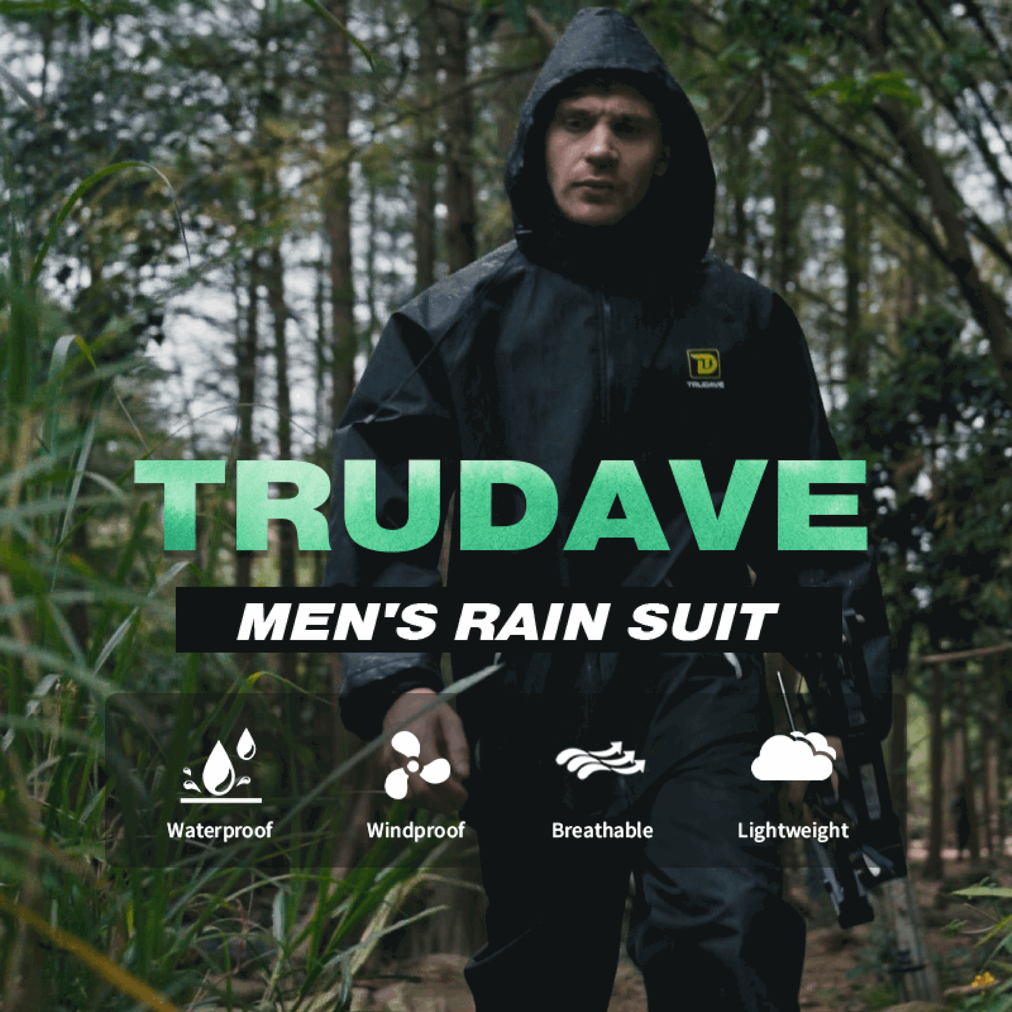 Trudave TrailBlaze Series Men’s Waterproof Rain Suit detail image showing waterproof, windproof, breathable, and lightweight fabric for ultimate outdoor comfort and protection.